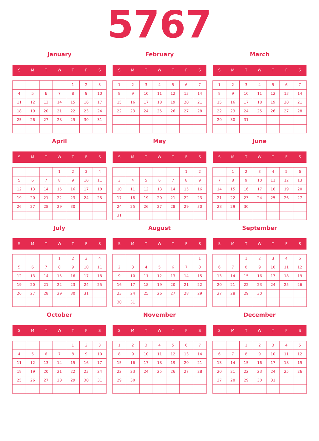 Printable 5767 Year Calendars amaranth