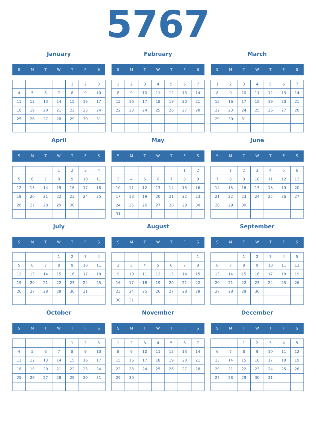 Printable 5767 Year Calendars blue
