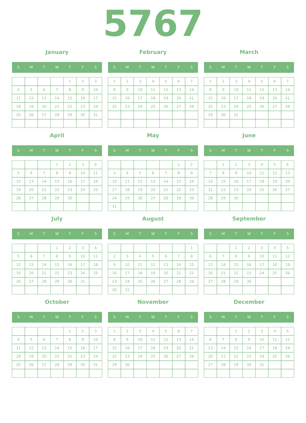 Printable 5767 Year Calendars celadon