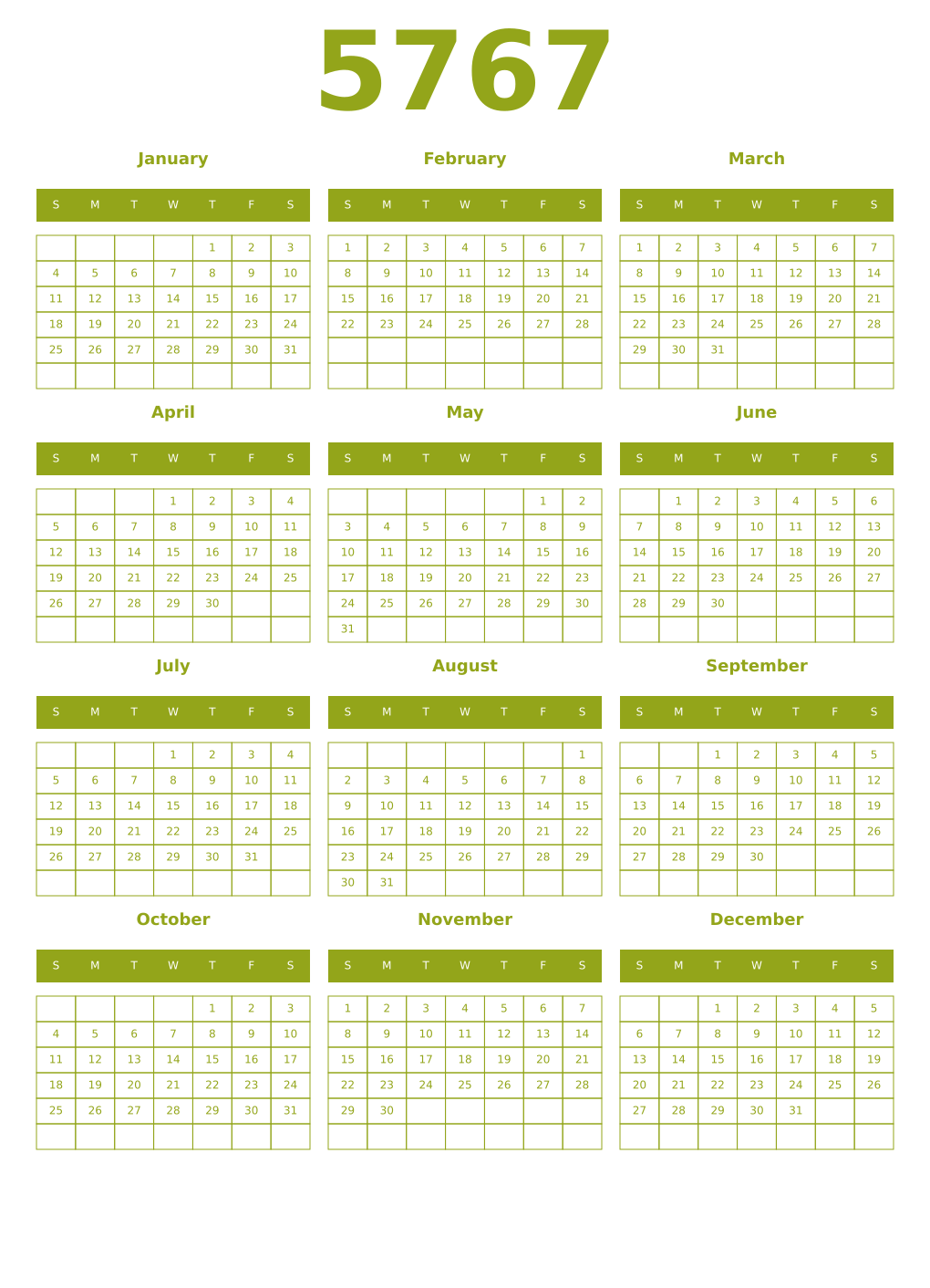 Printable 5767 Year Calendars chartreuse