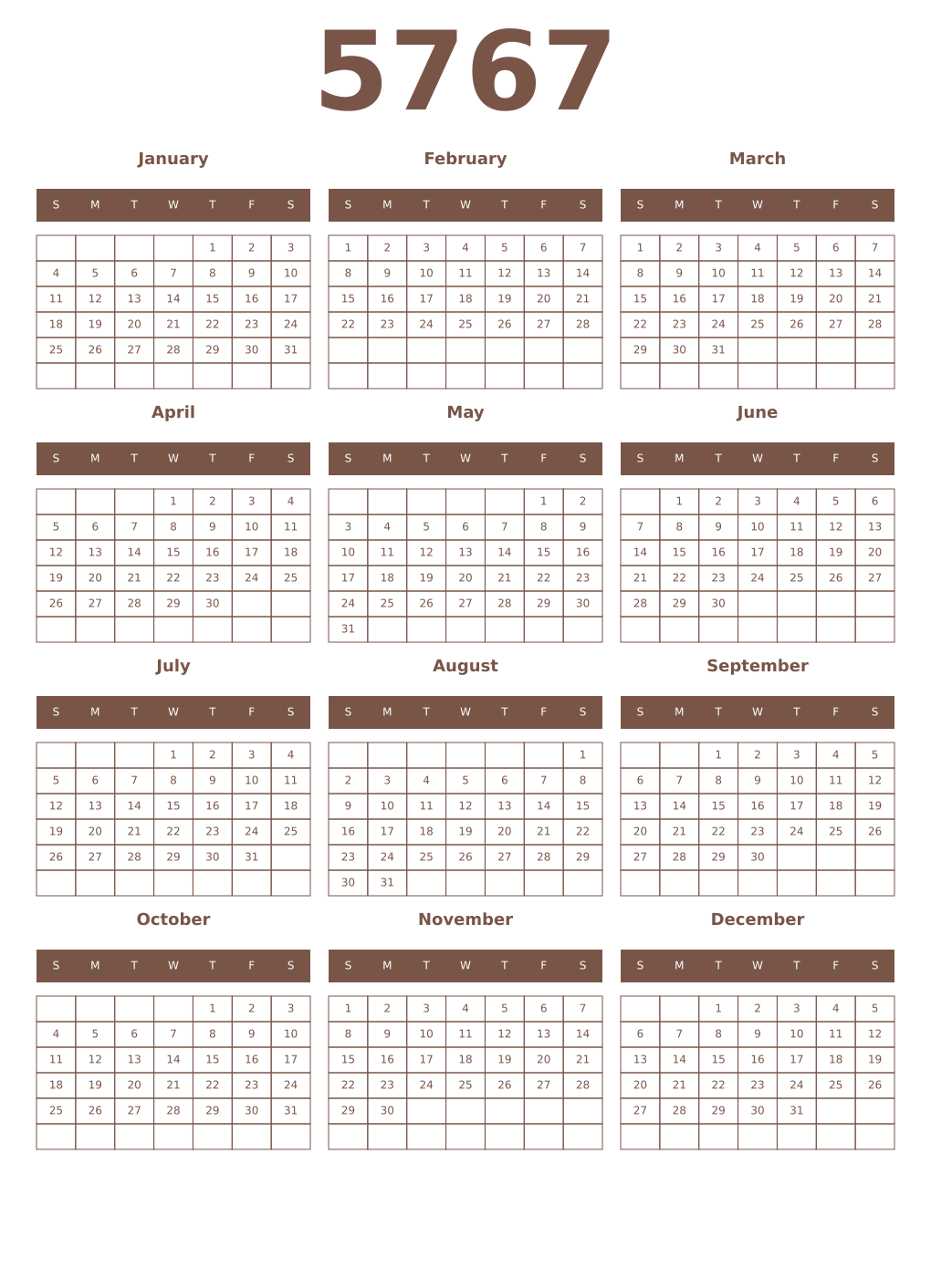 Printable 5767 Year Calendars coffe