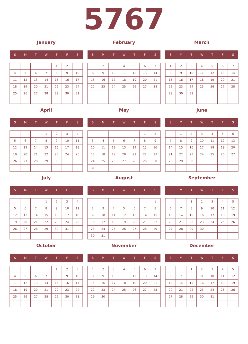 Printable 5767 Year Calendars cordovan