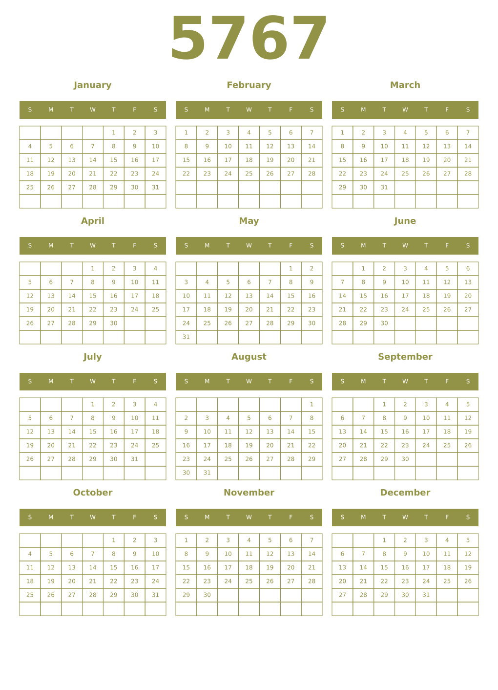 Printable 5767 Year Calendars eburnean
