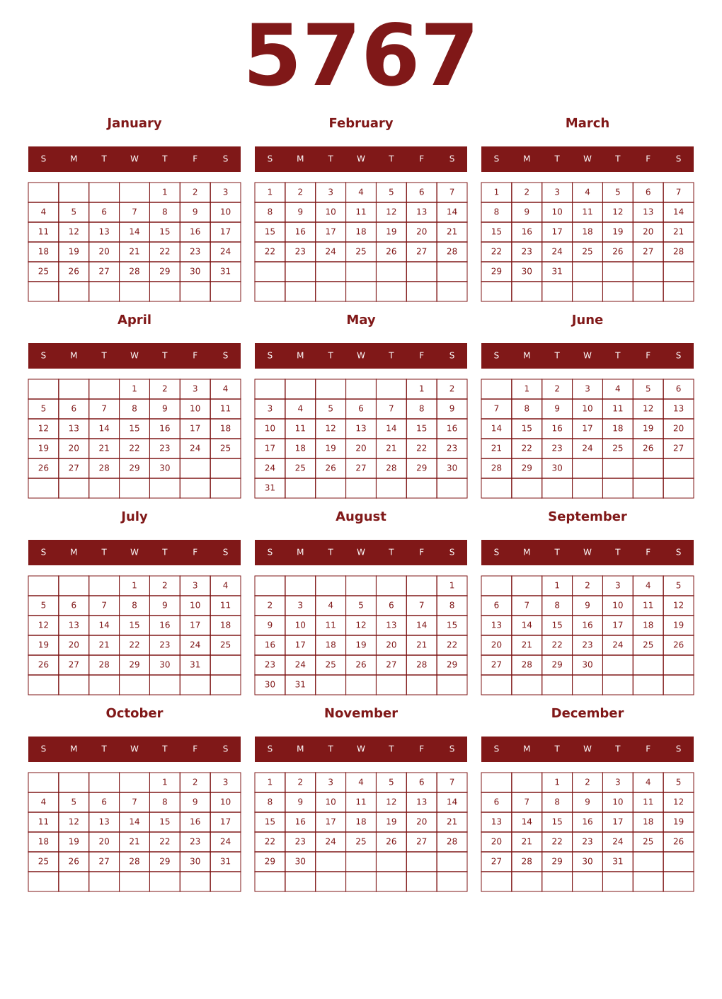 Printable 5767 Year Calendars falu