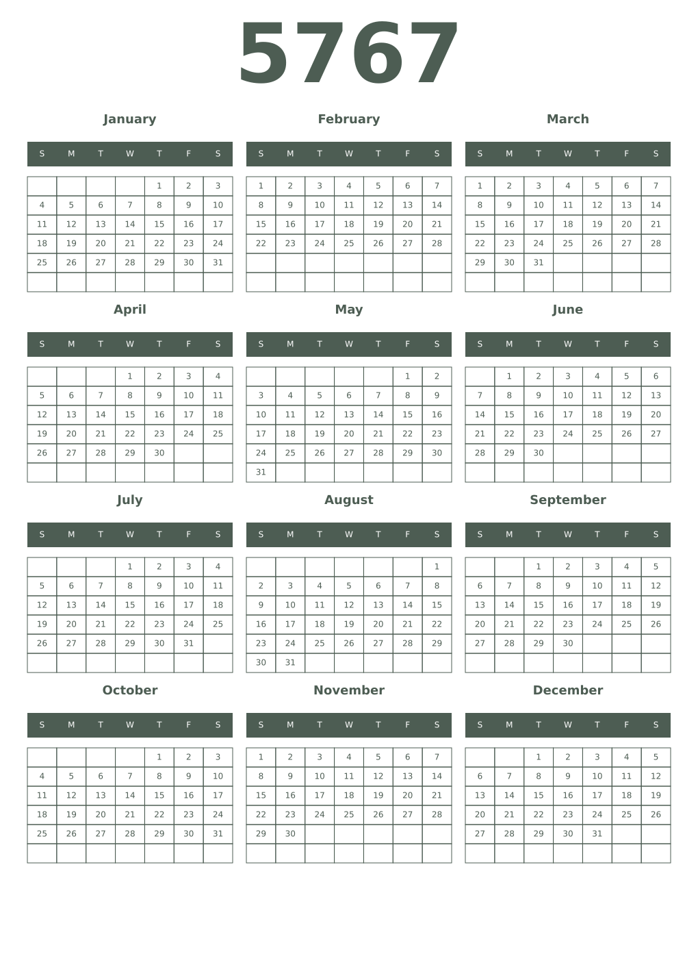 Printable 5767 Year Calendars feldgrau