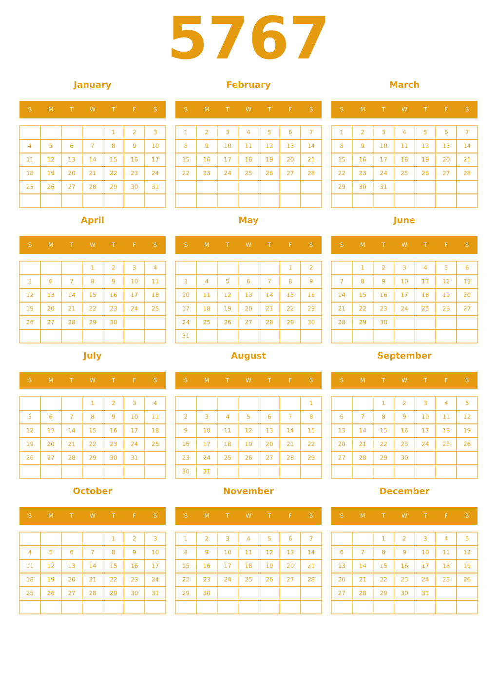 Printable 5767 Year Calendars gamboge