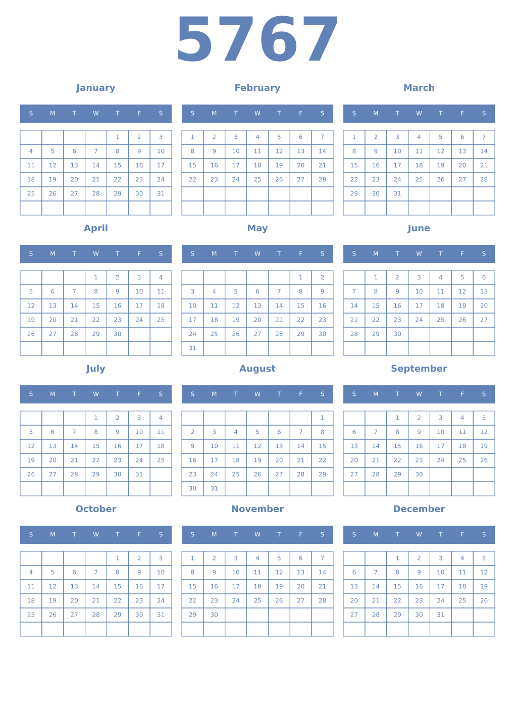 Printable 5767 Year Calendars glaucous