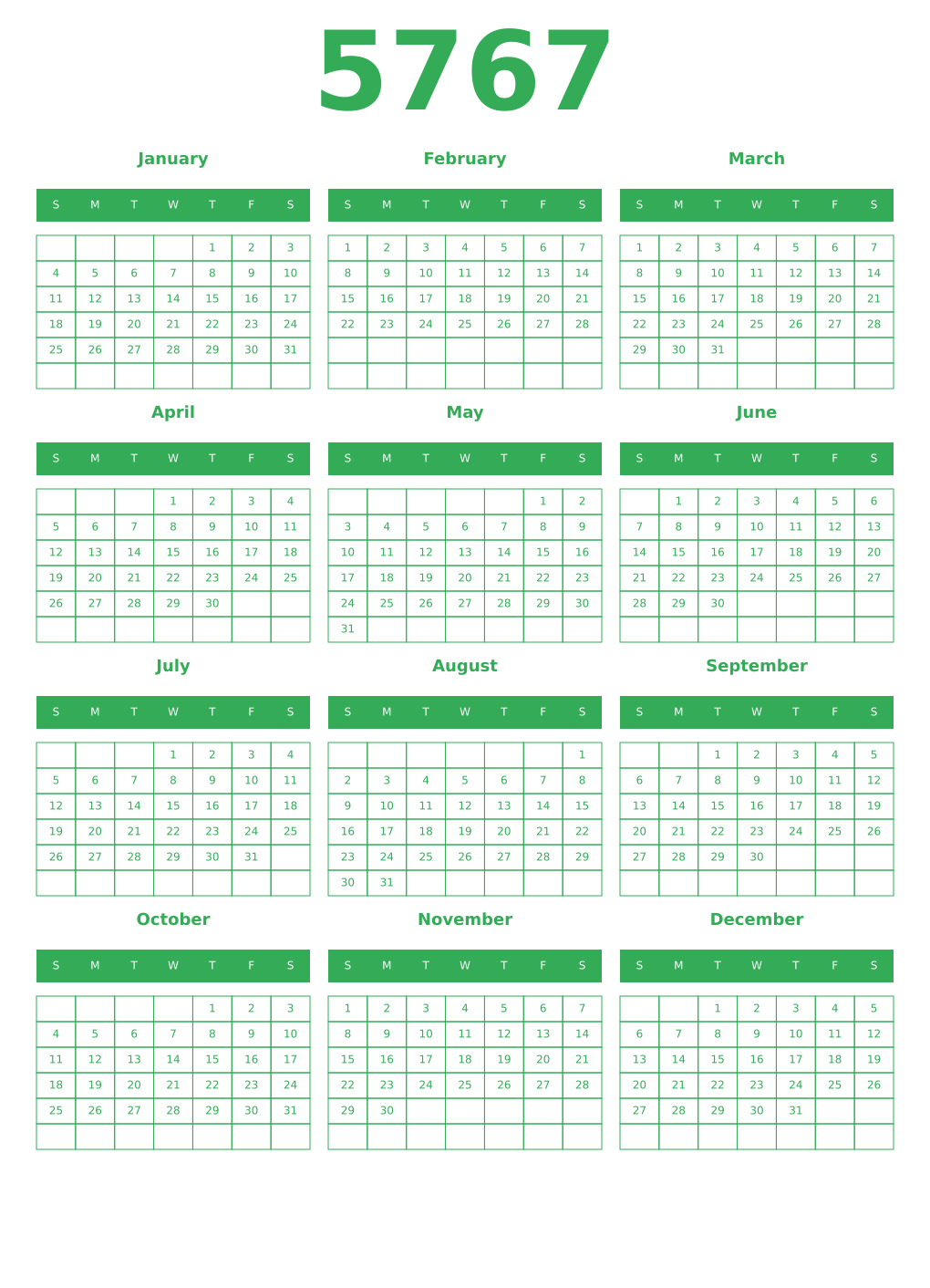 Printable 5767 Year Calendars green