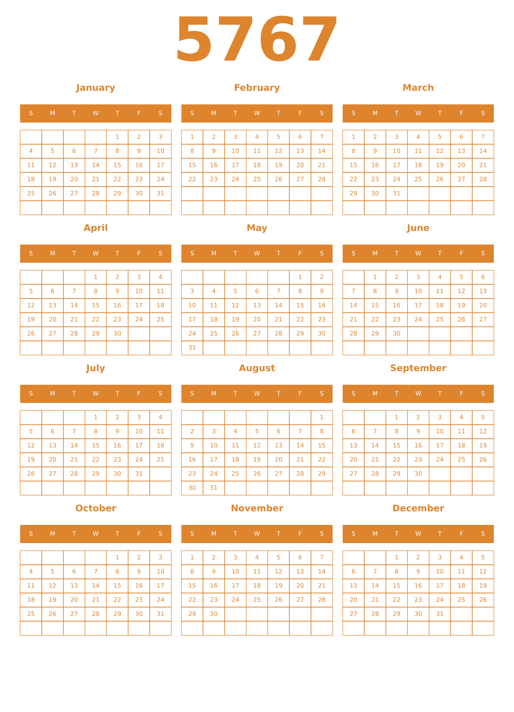 Printable 5767 Year Calendars orange