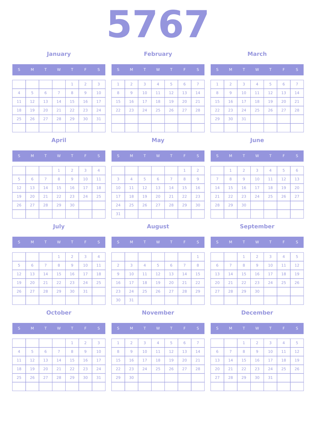 Printable 5767 Year Calendars periwinkle