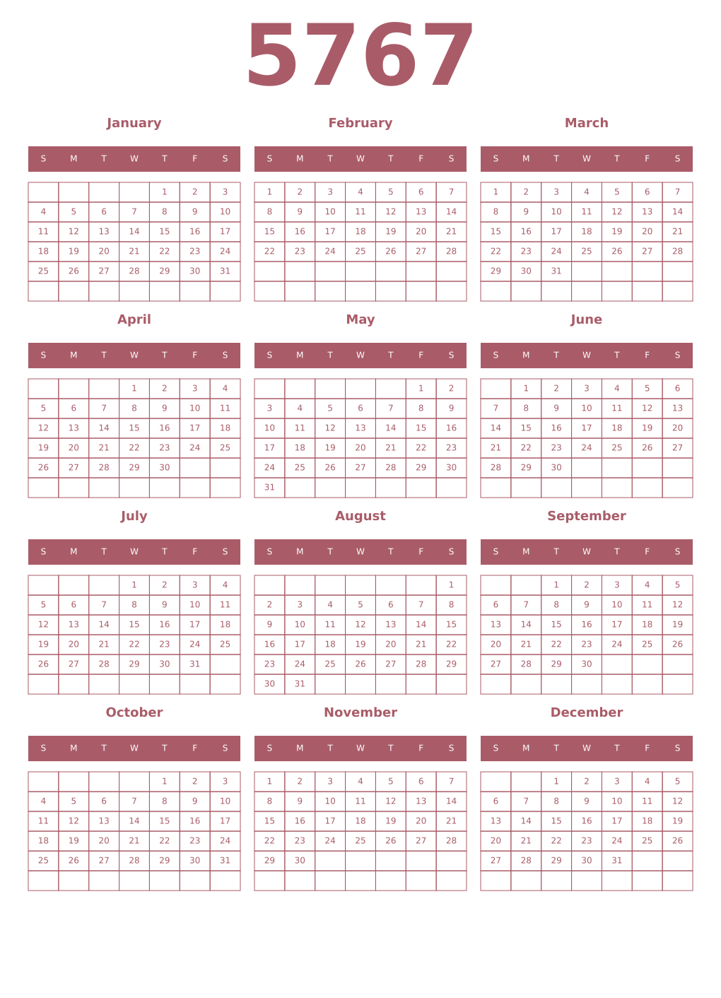 Printable 5767 Year Calendars puce