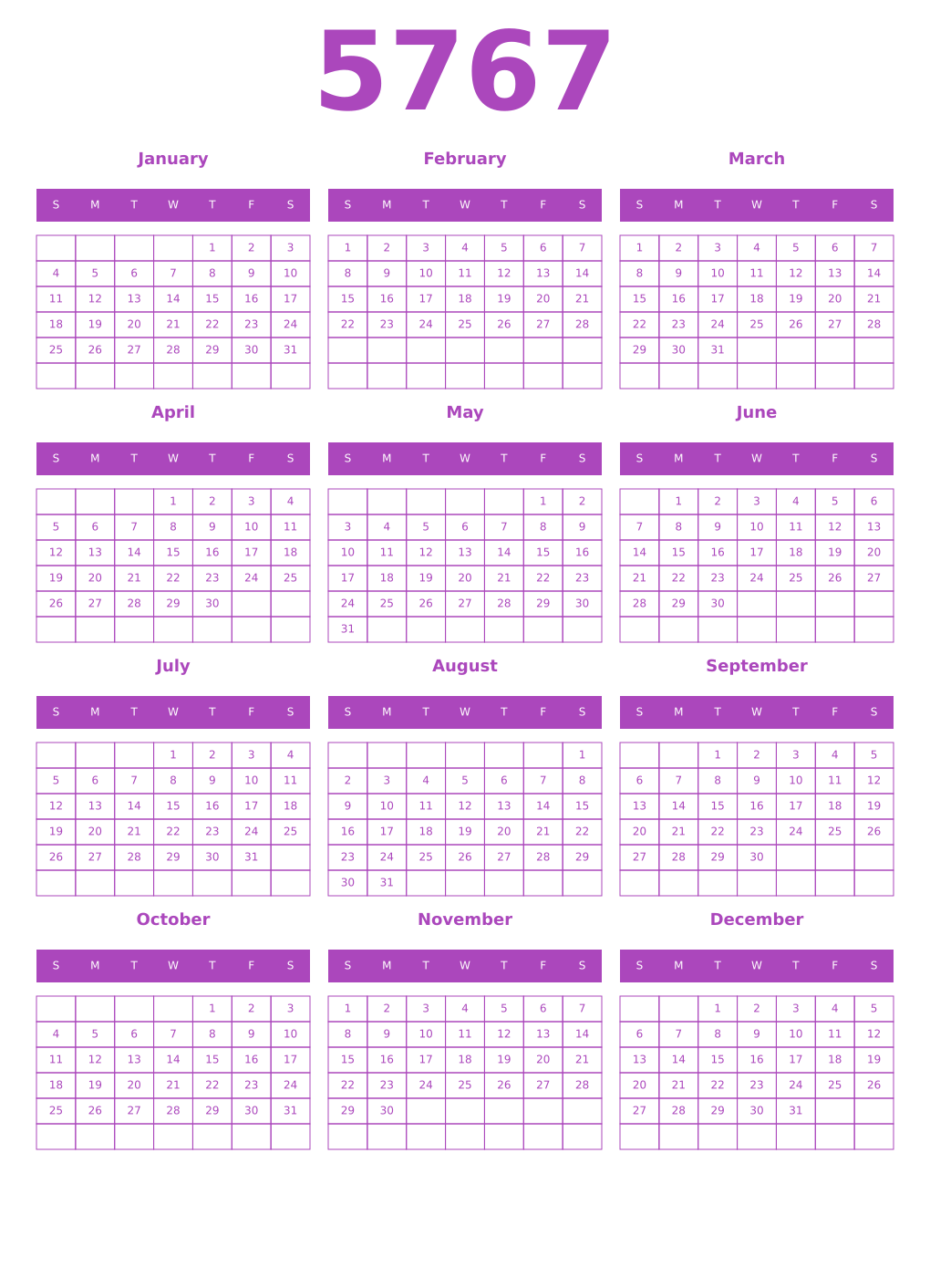 Printable 5767 Year Calendars purple