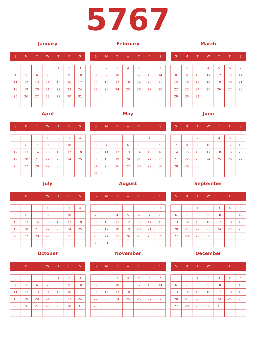 Printable 5767 Year Calendars red