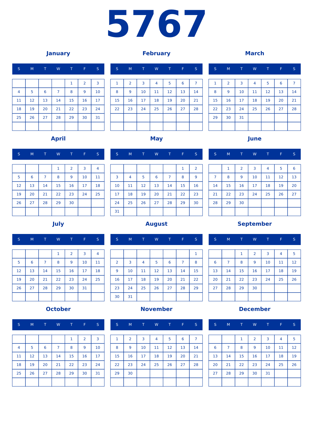 Printable 5767 Year Calendars smalt