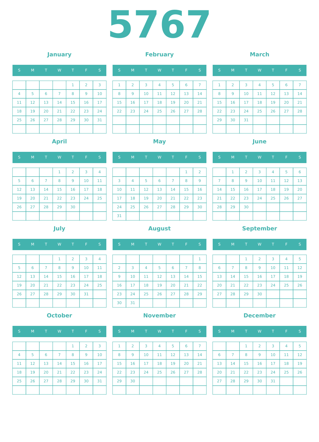 Printable 5767 Year Calendars verdigris