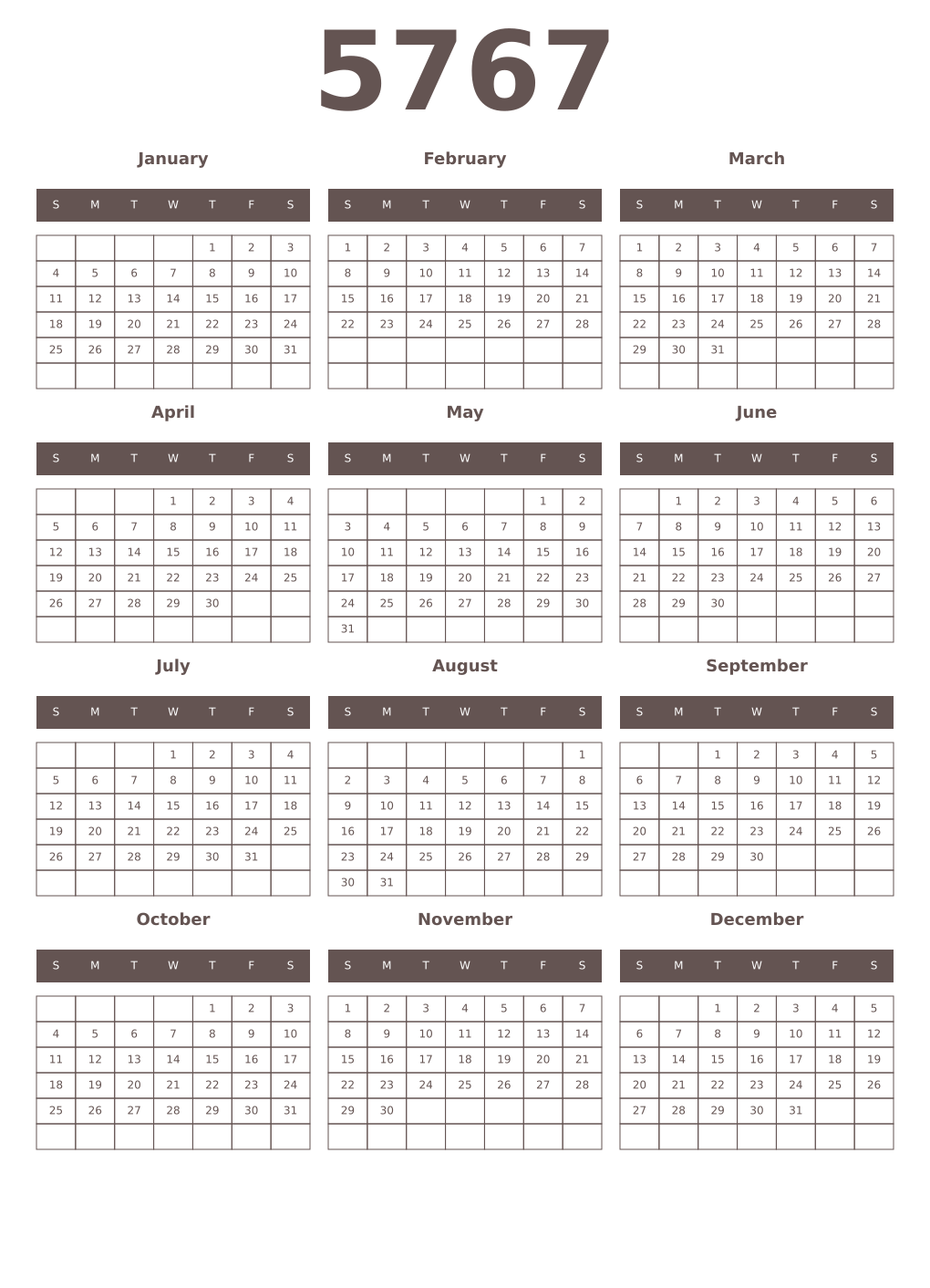 Printable 5767 Year Calendars wenge