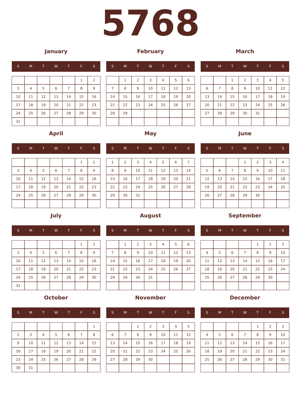Printable 5768 Year Calendars mortuum
