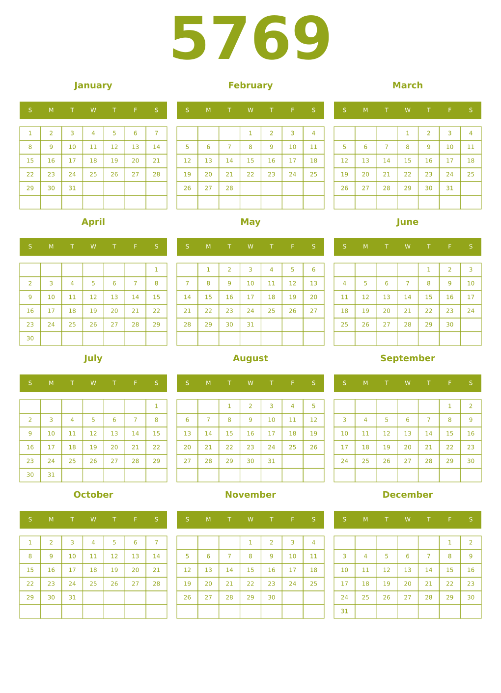 Printable 5769 Year Calendars chartreuse