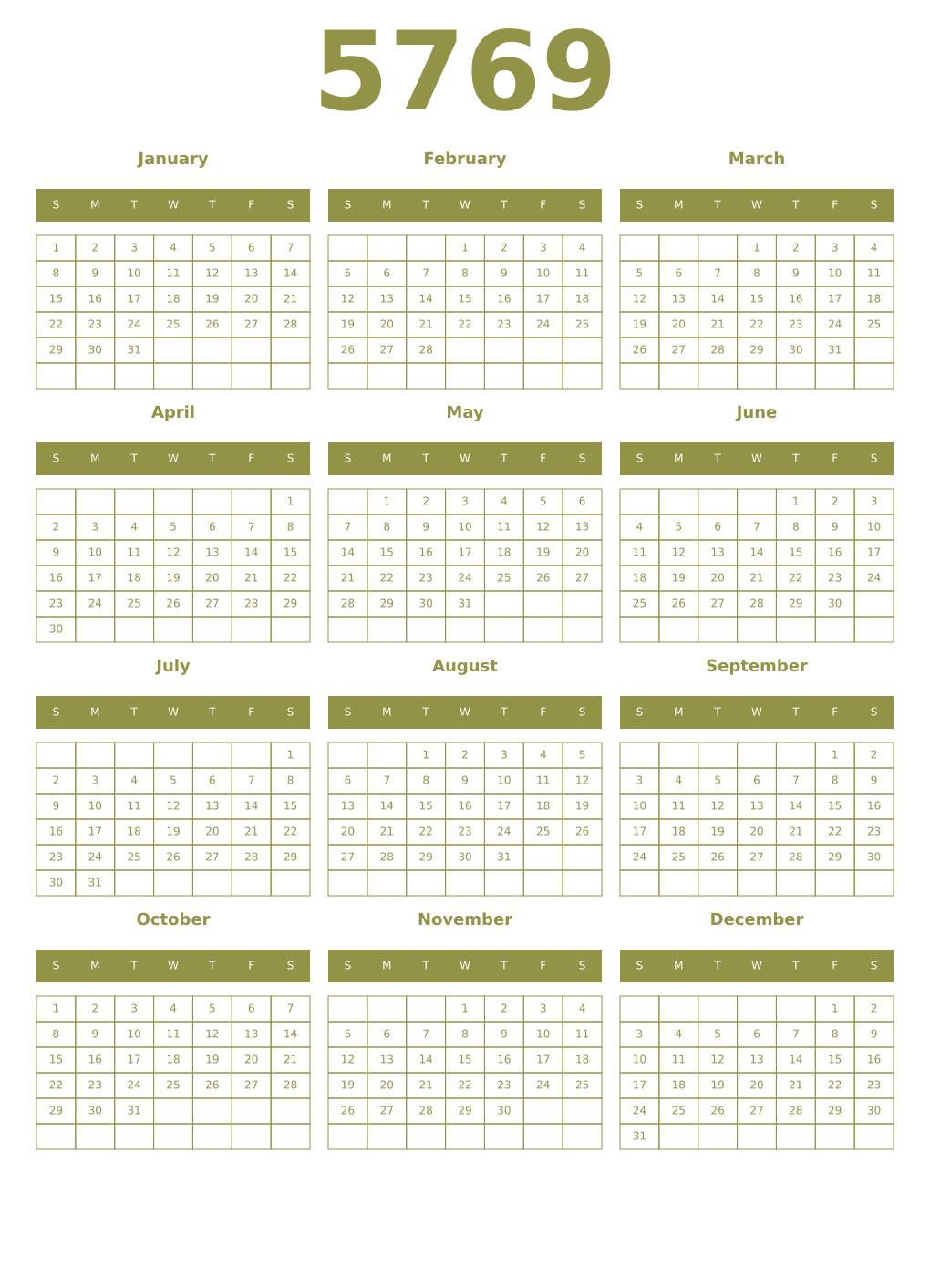 Printable 5769 Year Calendars eburnean