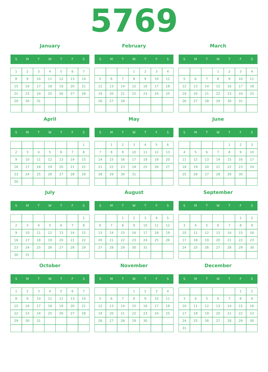 Printable 5769 Year Calendars green
