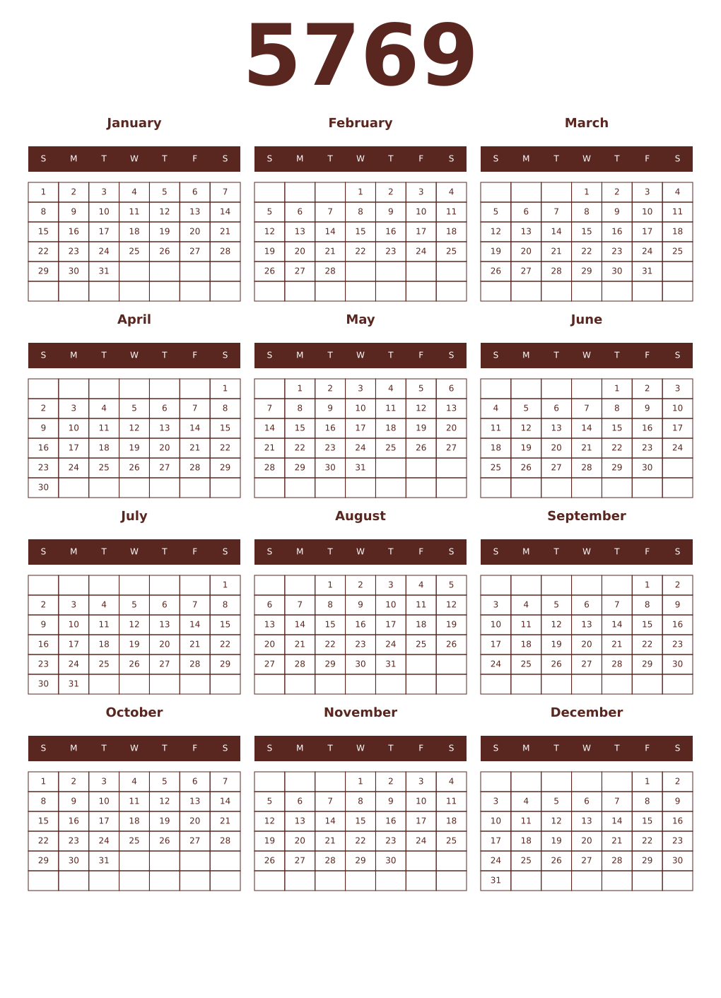 Printable 5769 Year Calendars mortuum