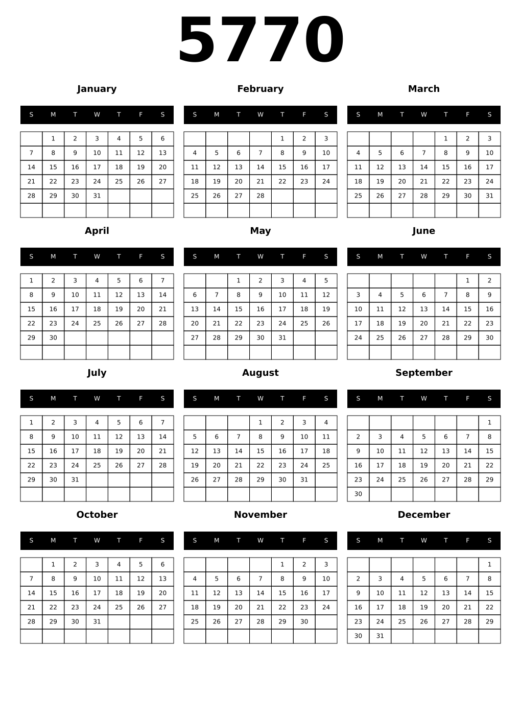 Printable 5770 Calendars