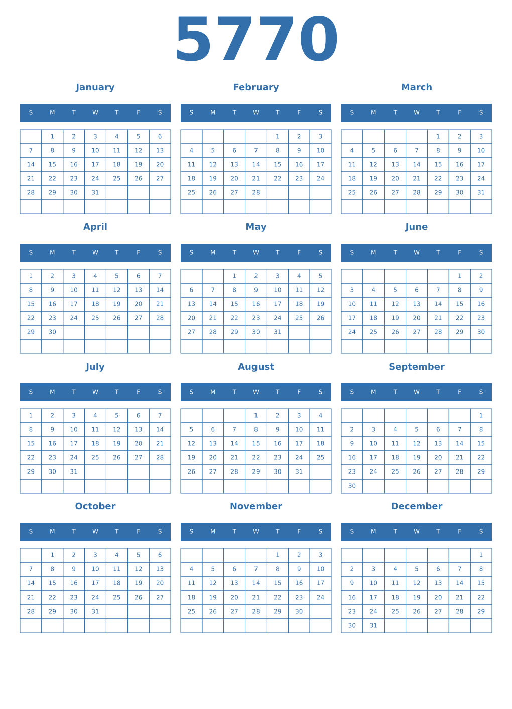 Printable 5770 Year Calendars blue