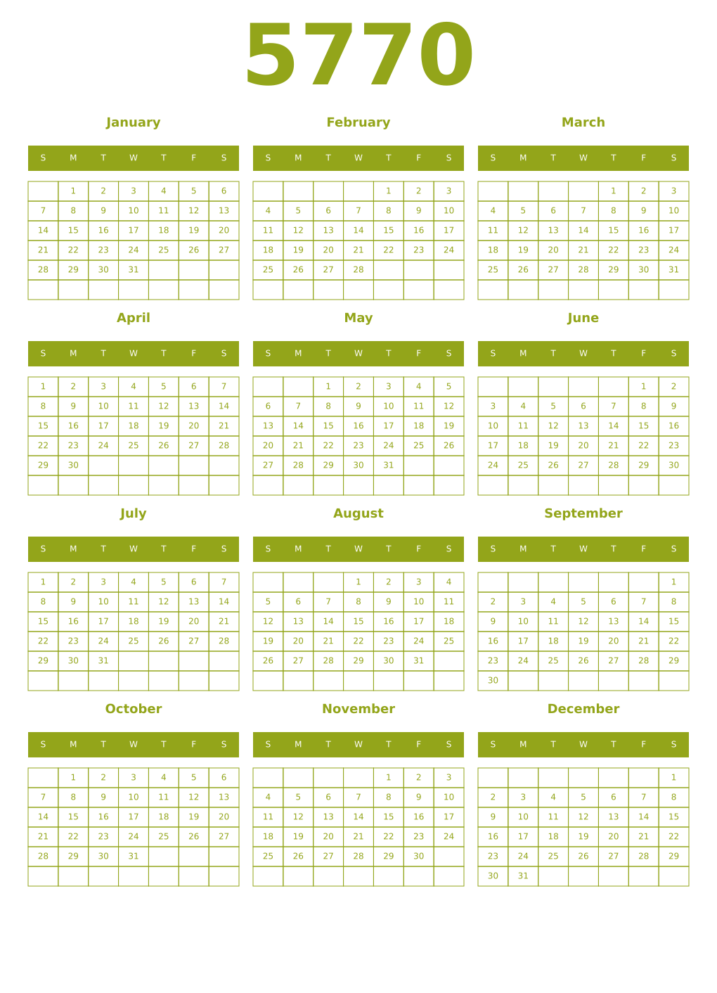 Printable 5770 Year Calendars chartreuse