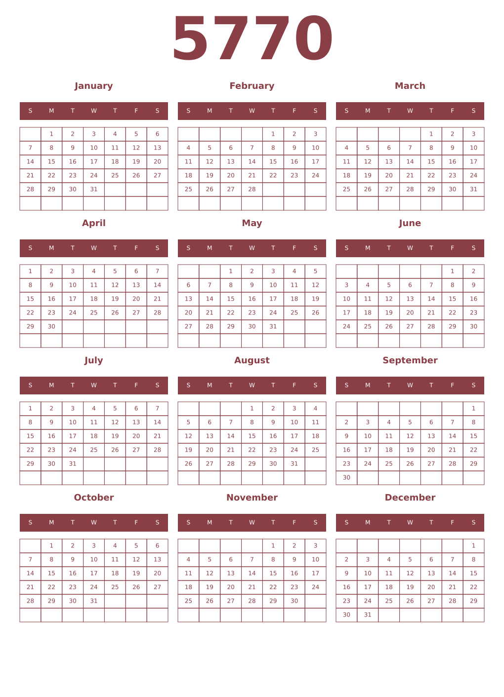 Printable 5770 Year Calendars cordovan
