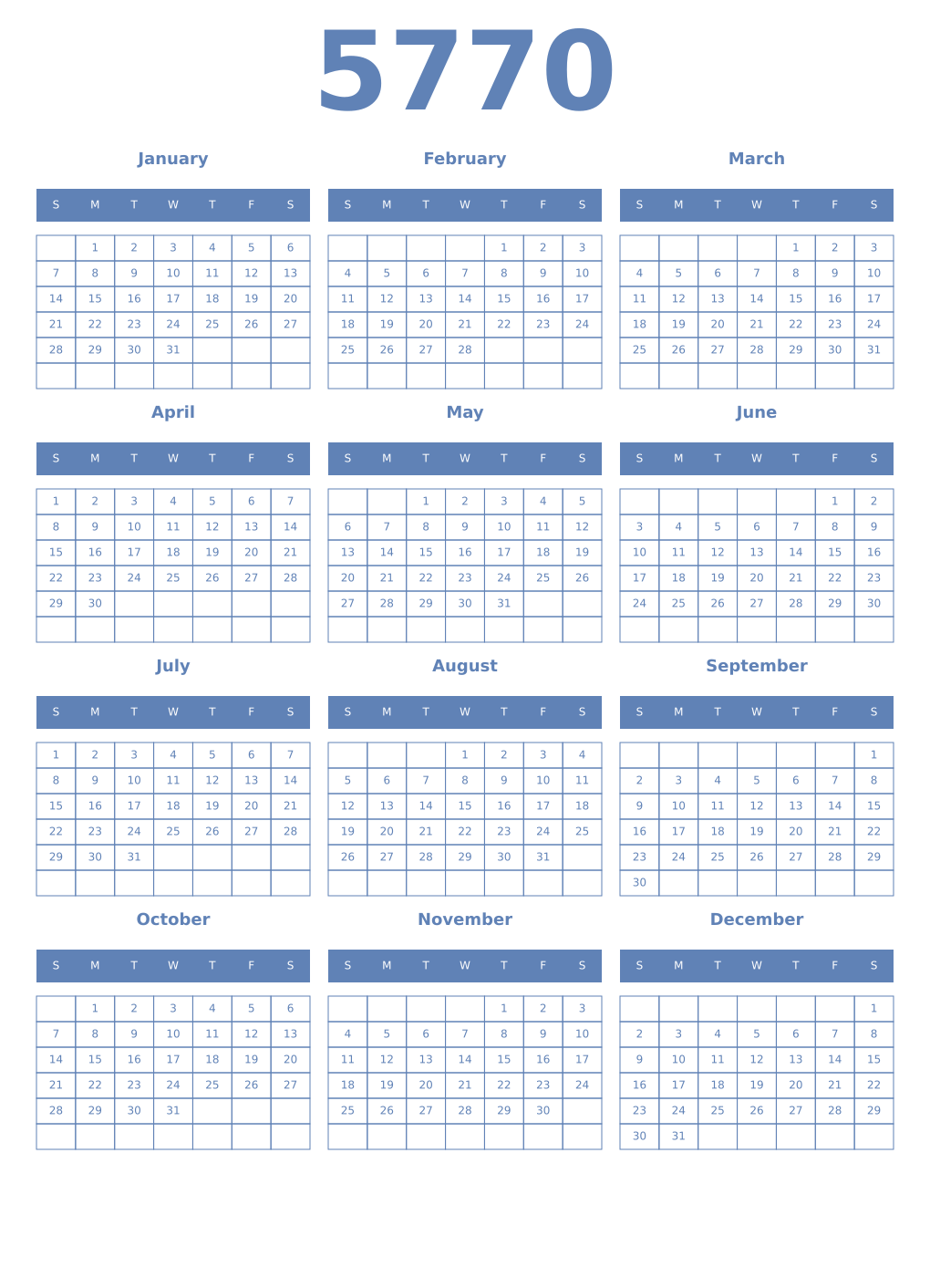 Printable 5770 Year Calendars glaucous