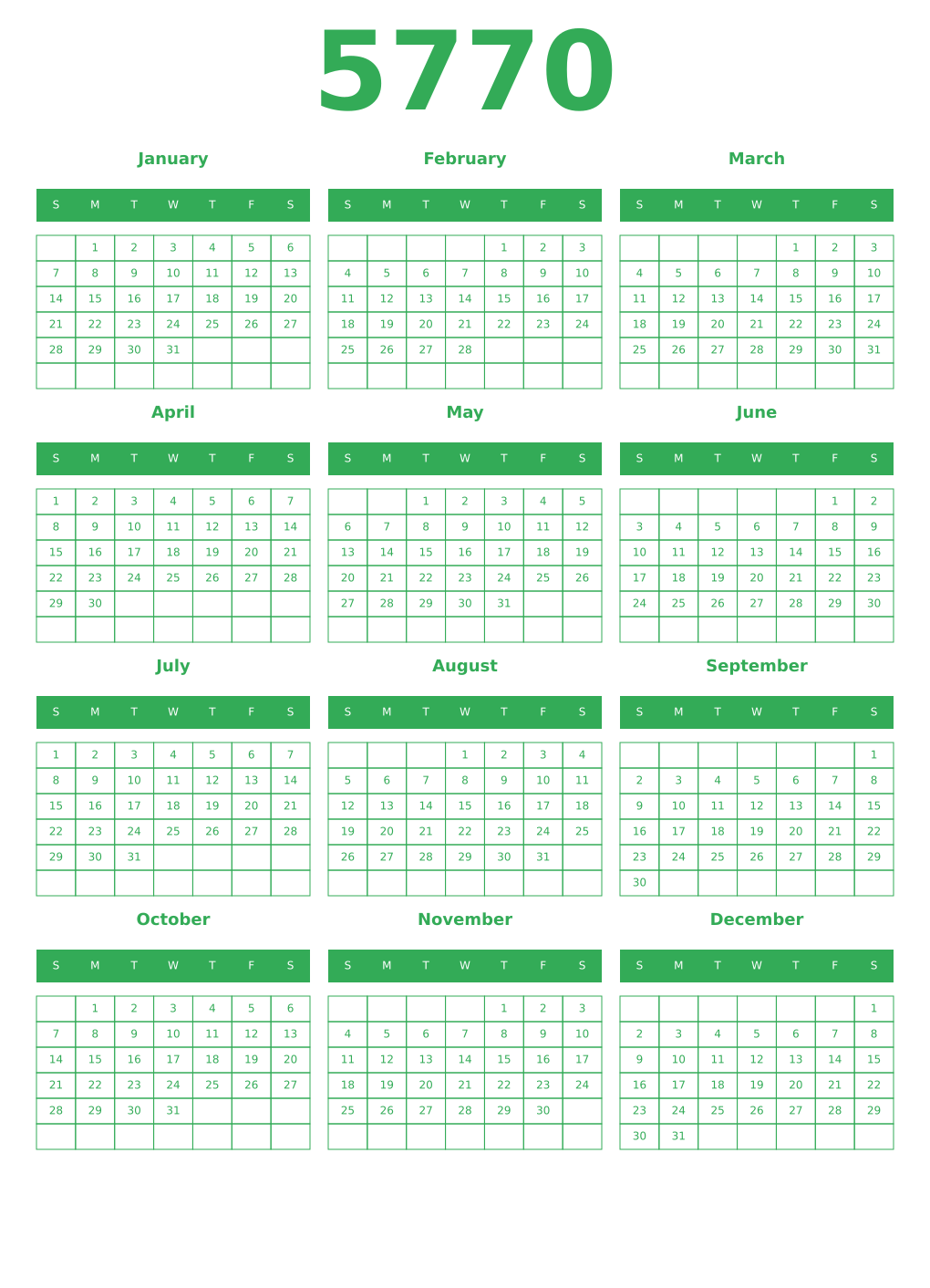 Printable 5770 Year Calendars green