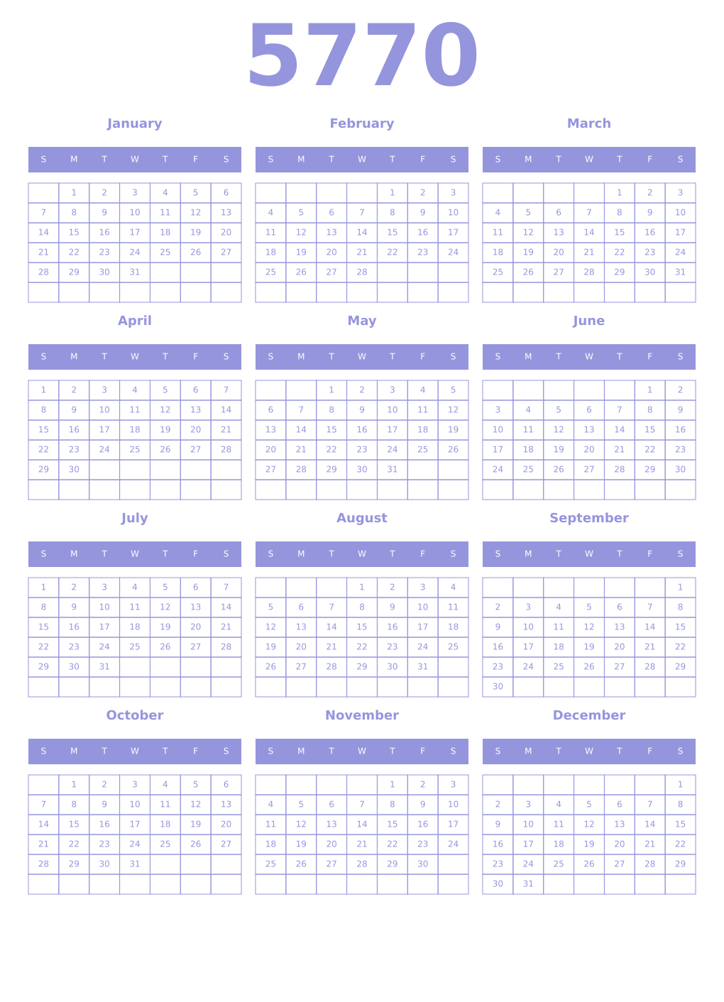Printable 5770 Year Calendars periwinkle