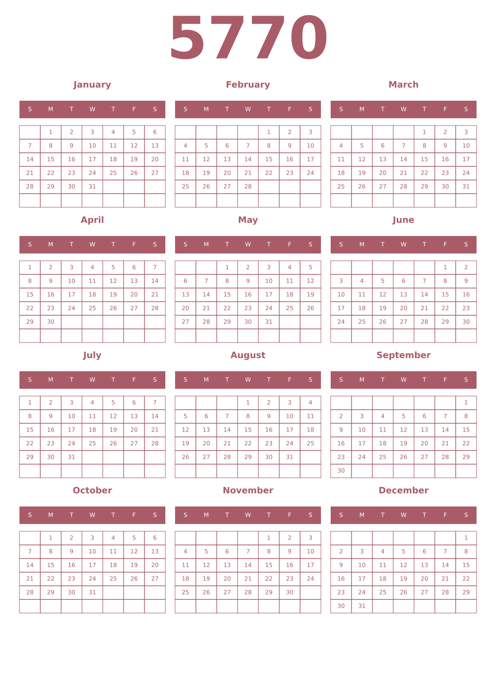 Printable 5770 Year Calendars puce