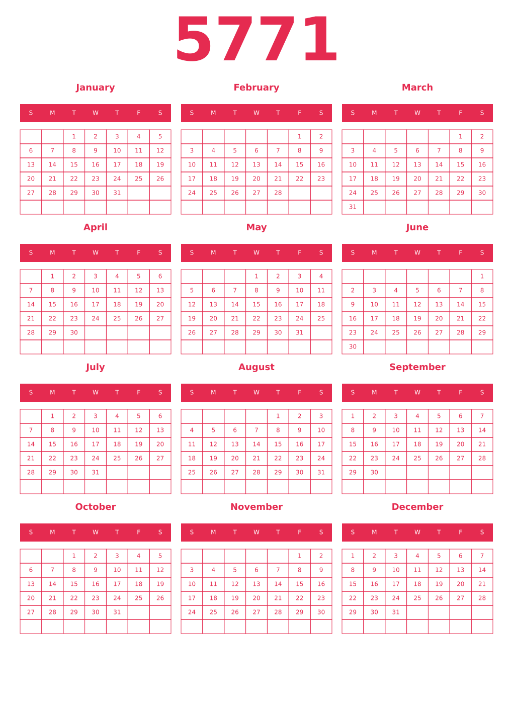 Printable 5771 Year Calendars amaranth