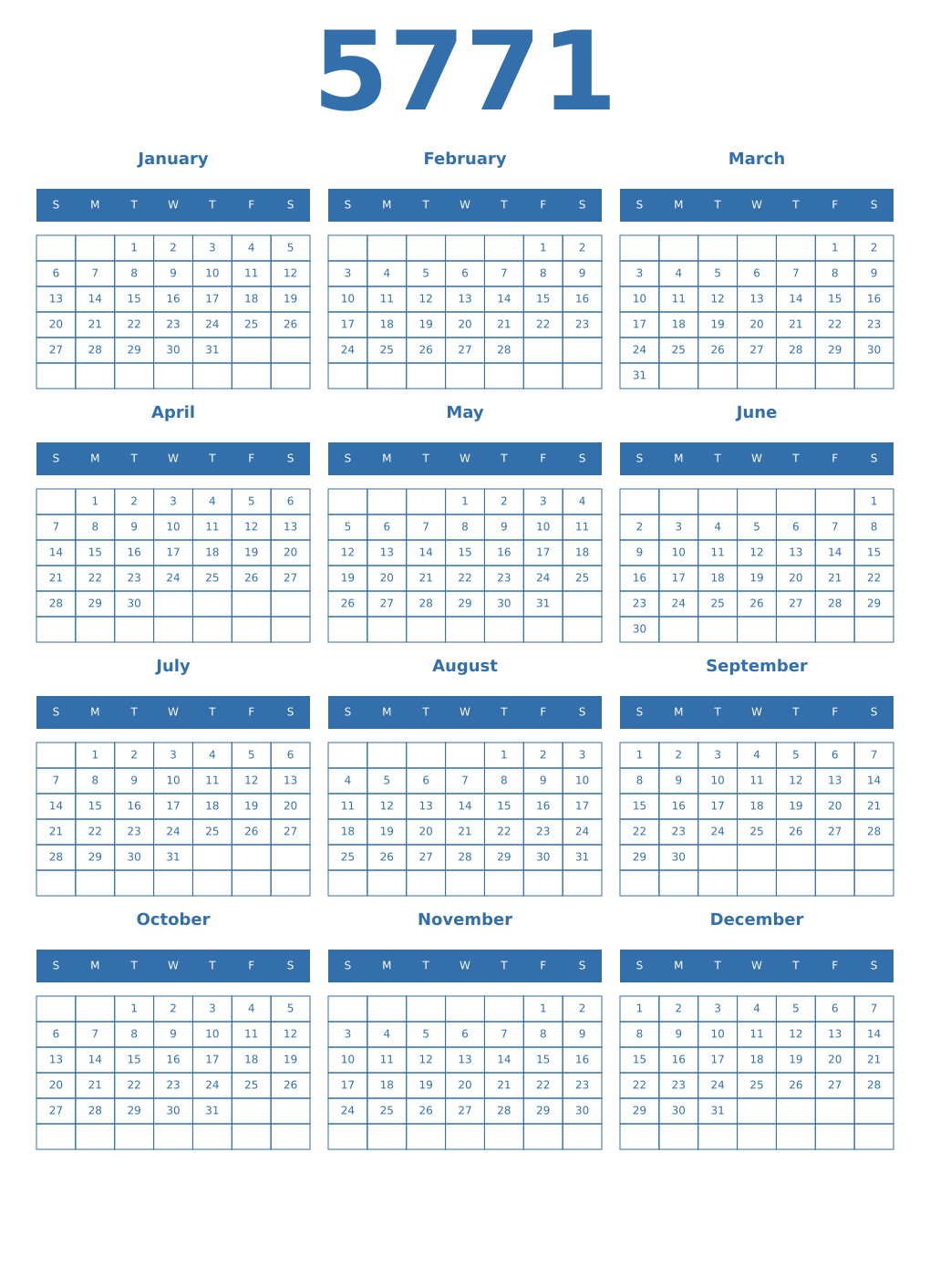 Printable 5771 Year Calendars blue