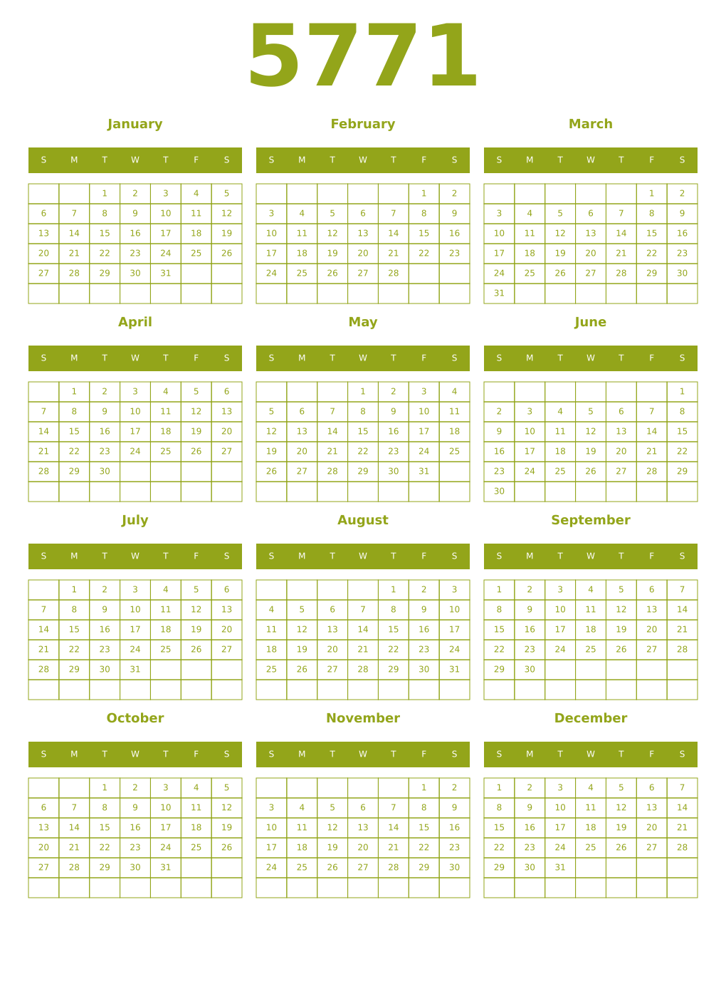 Printable 5771 Year Calendars chartreuse