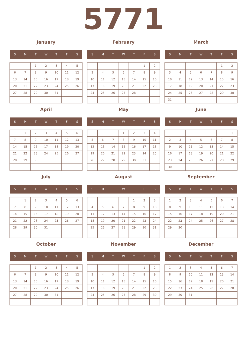 Printable 5771 Year Calendars coffe