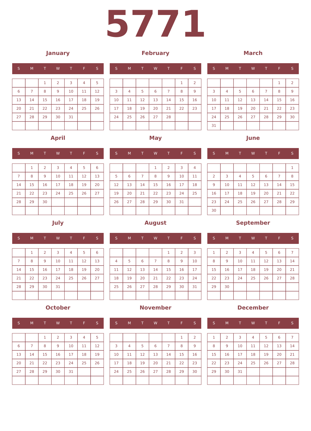 Printable 5771 Year Calendars cordovan