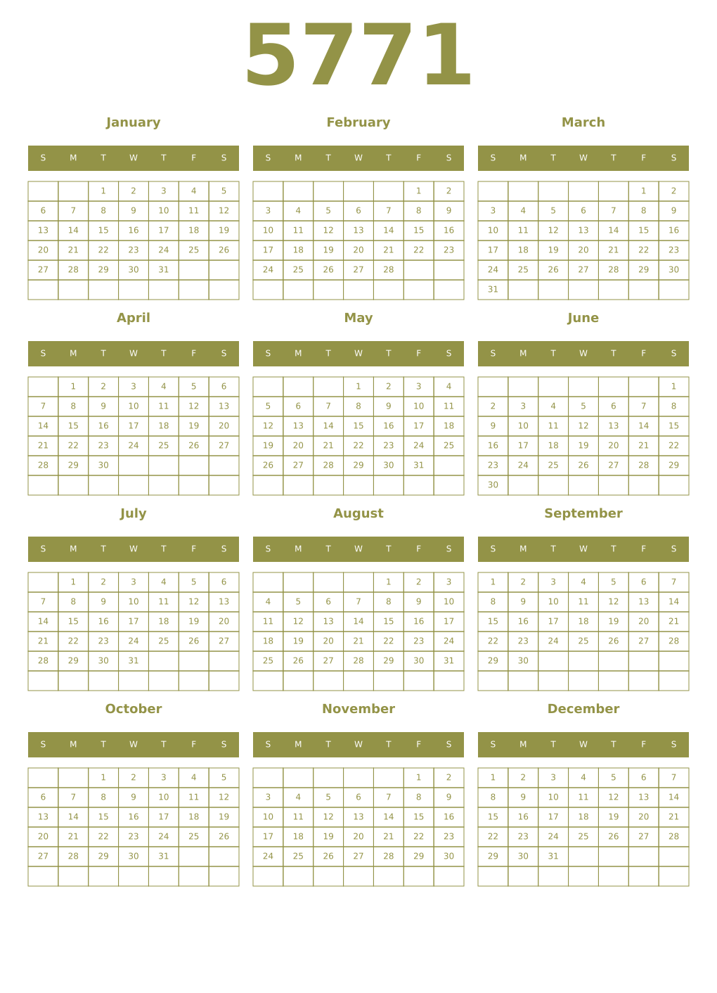 Printable 5771 Year Calendars eburnean