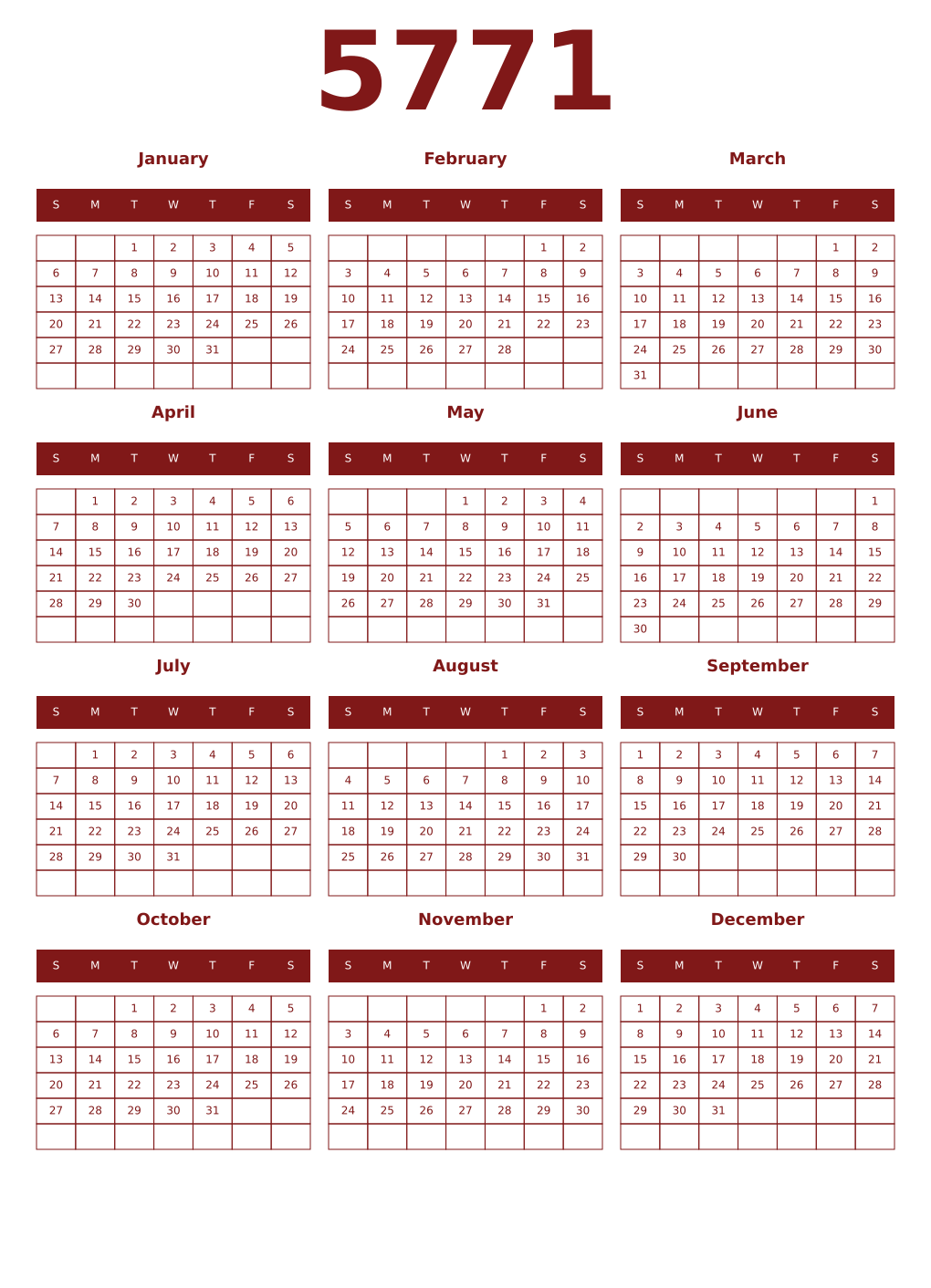 Printable 5771 Year Calendars falu