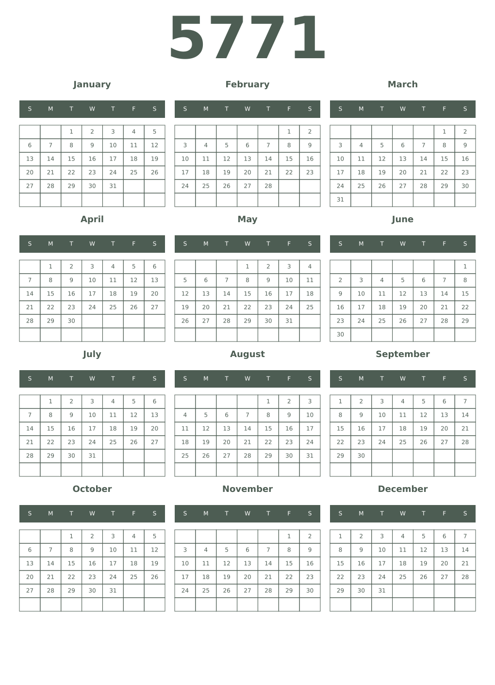 Printable 5771 Year Calendars feldgrau