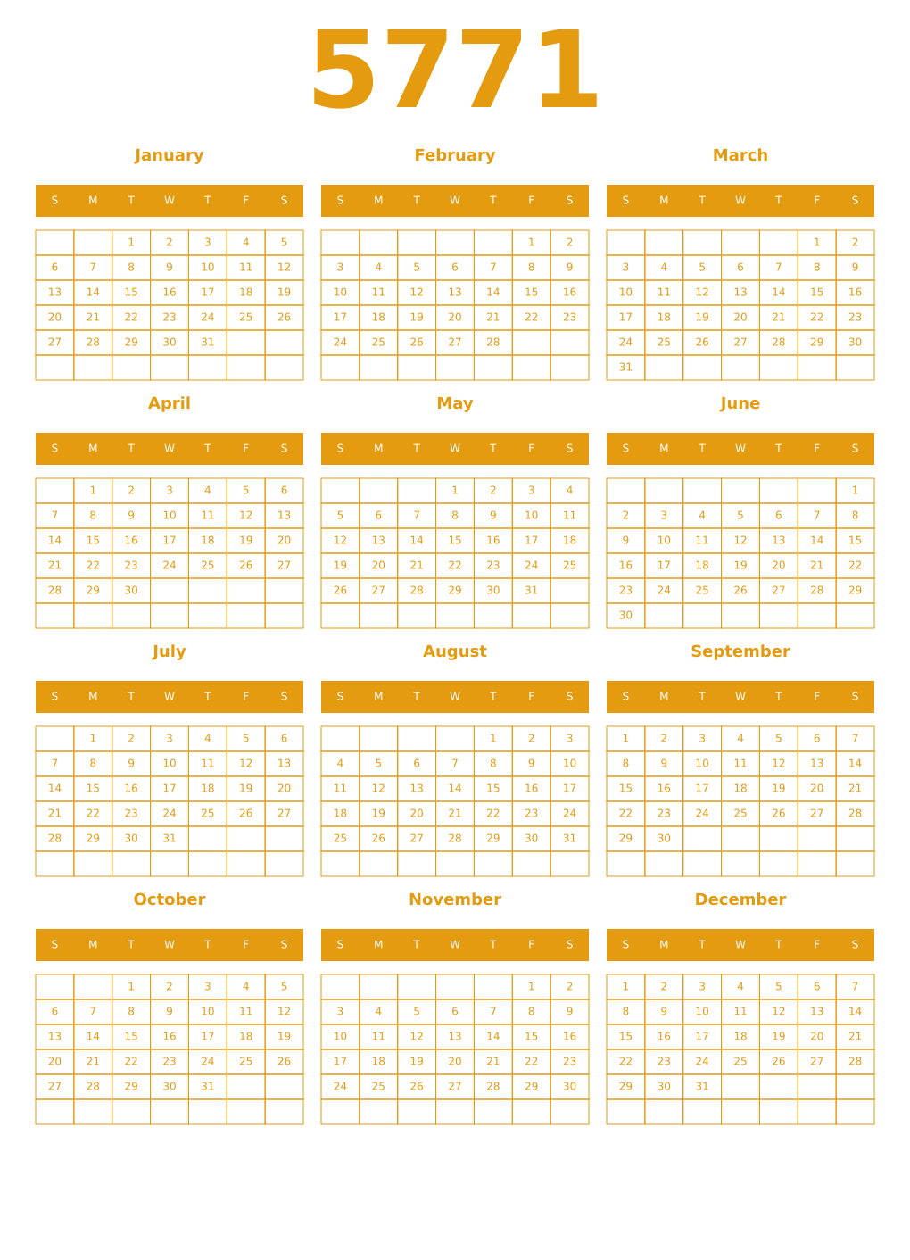 Printable 5771 Year Calendars gamboge