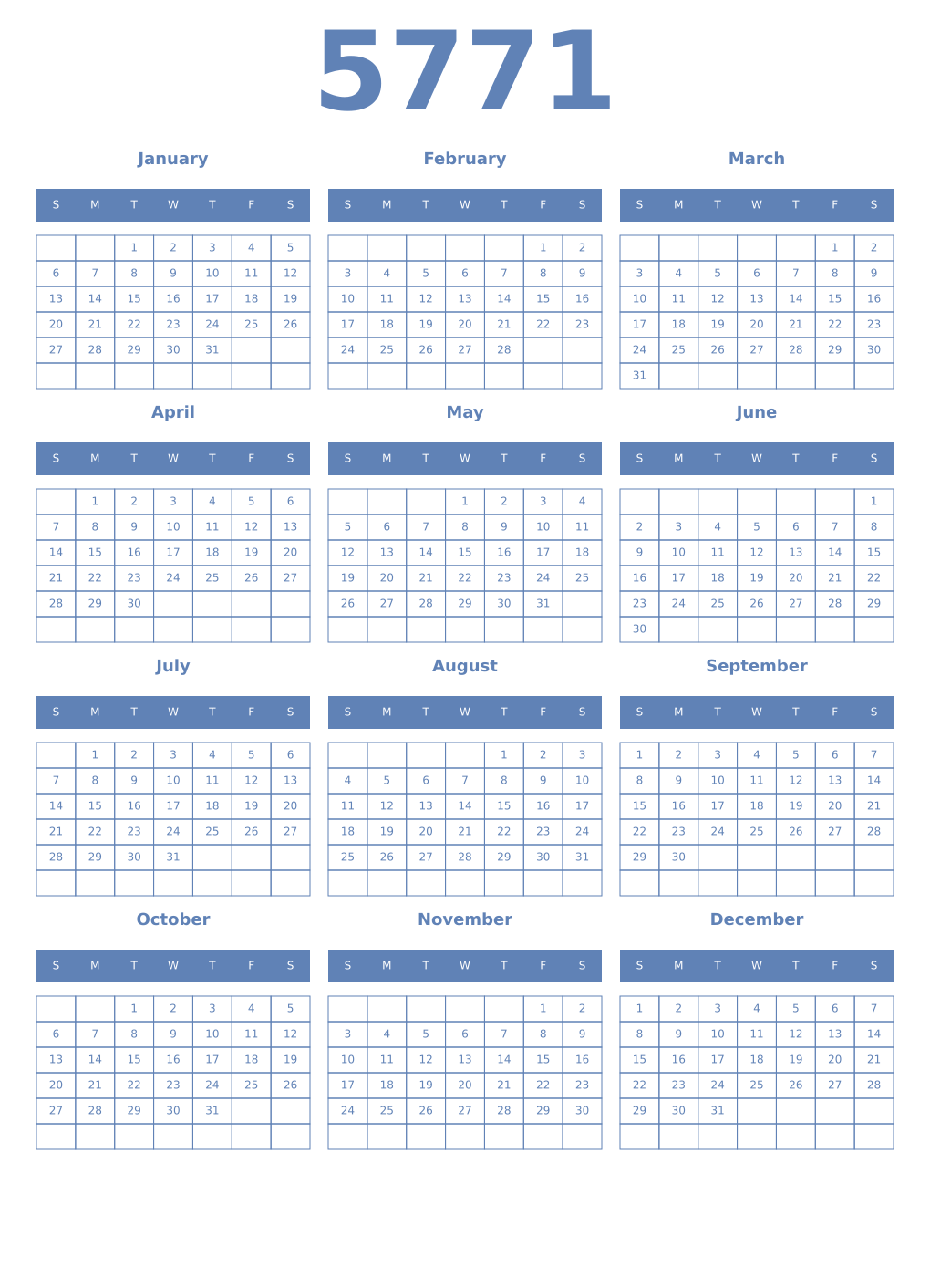 Printable 5771 Year Calendars glaucous