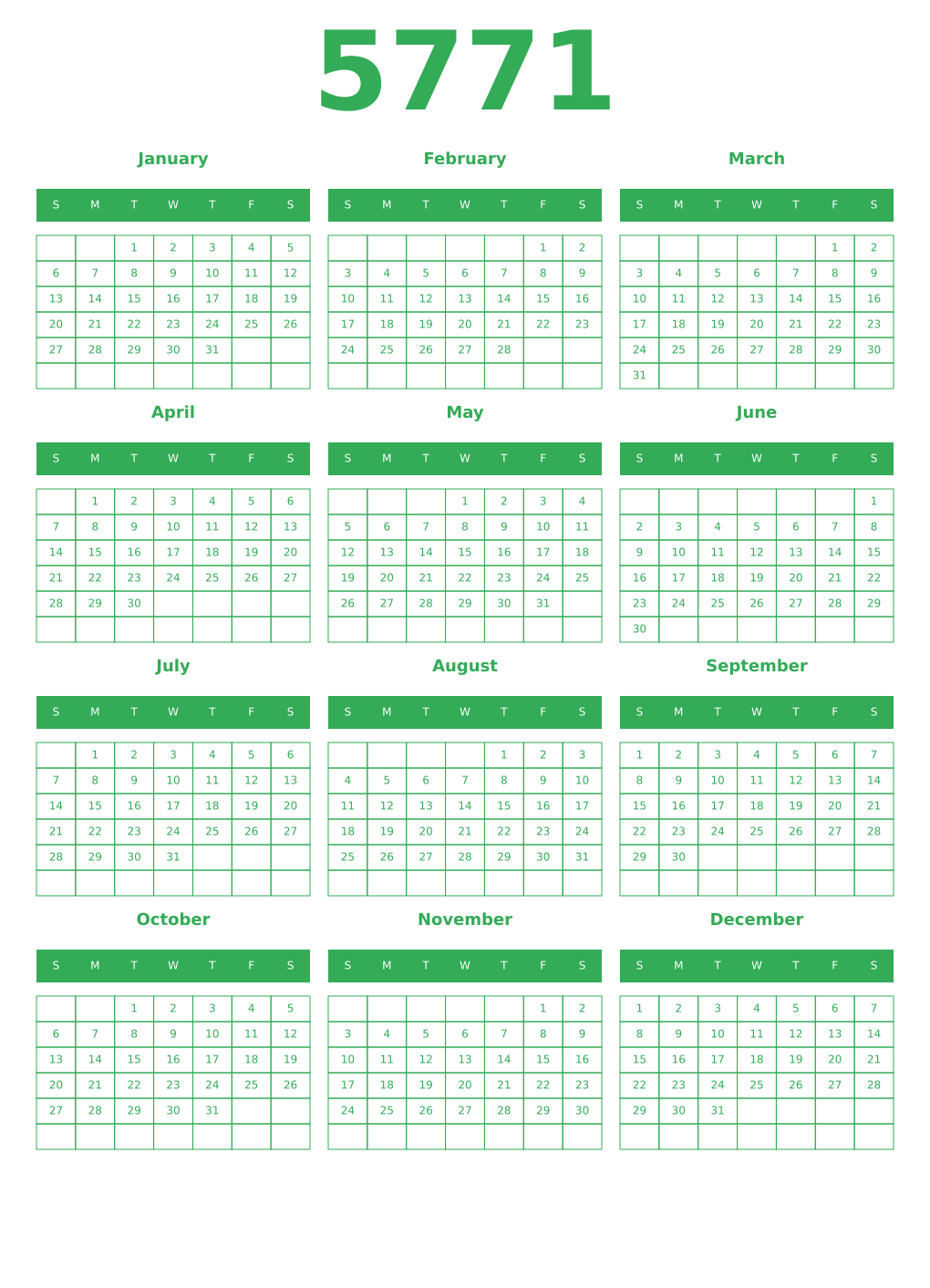 Printable 5771 Year Calendars green