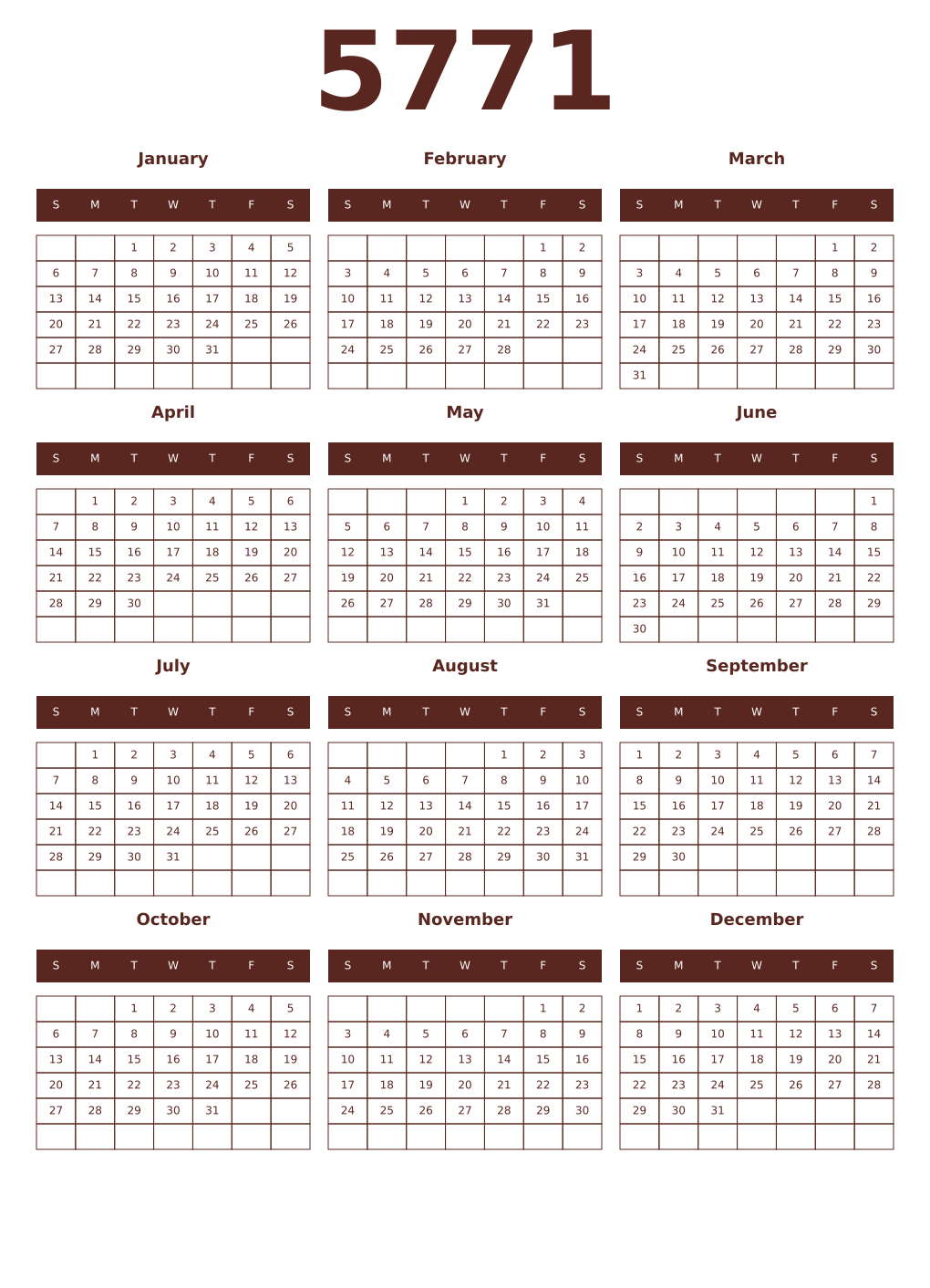 Printable 5771 Year Calendars mortuum