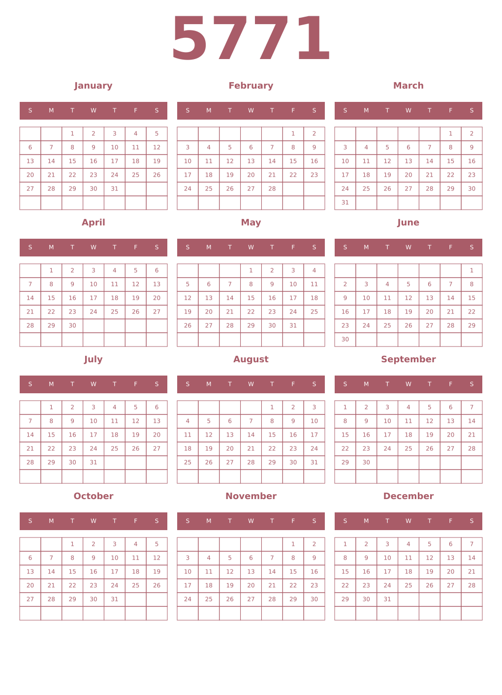 Printable 5771 Year Calendars puce