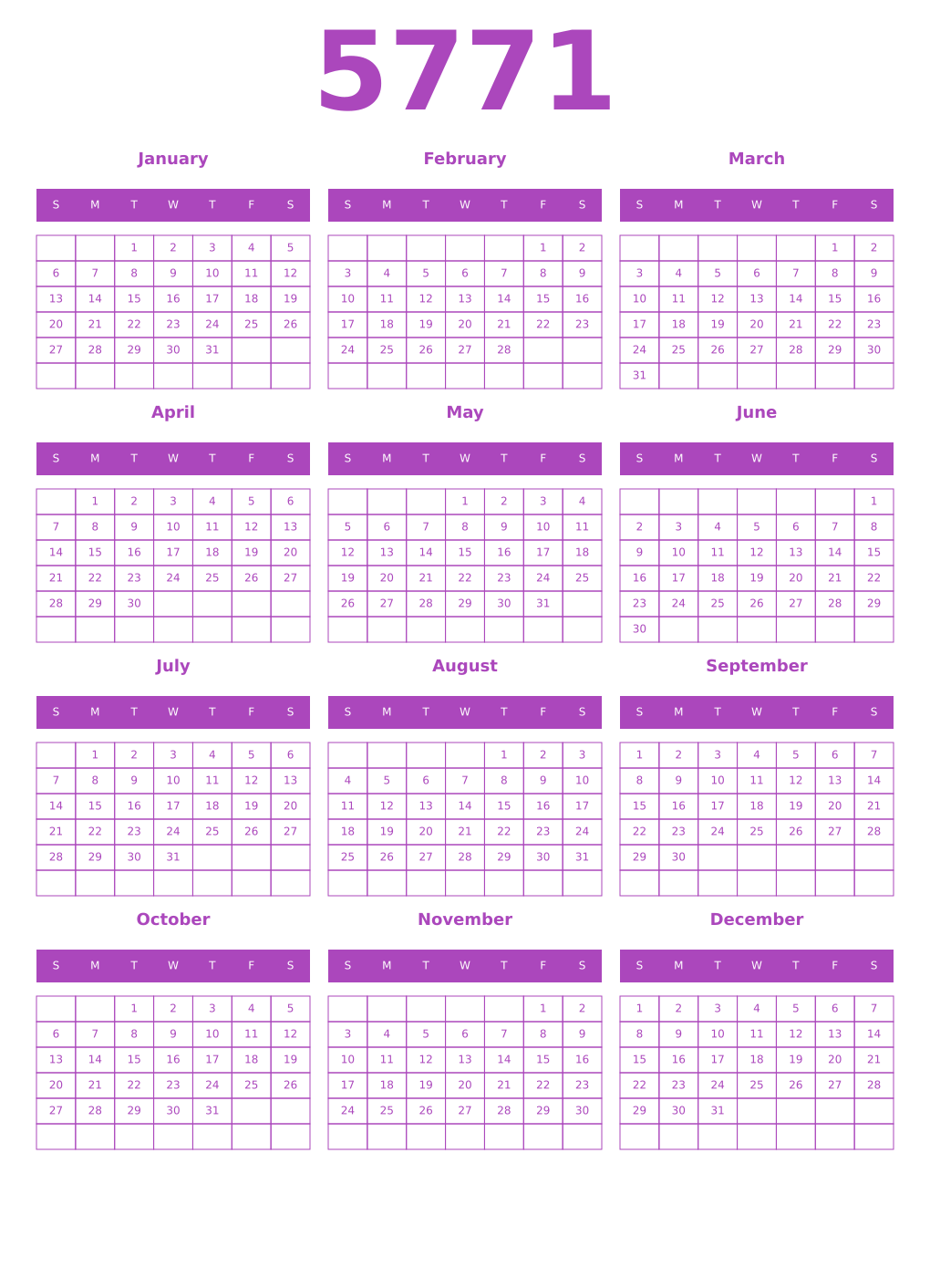 Printable 5771 Year Calendars purple