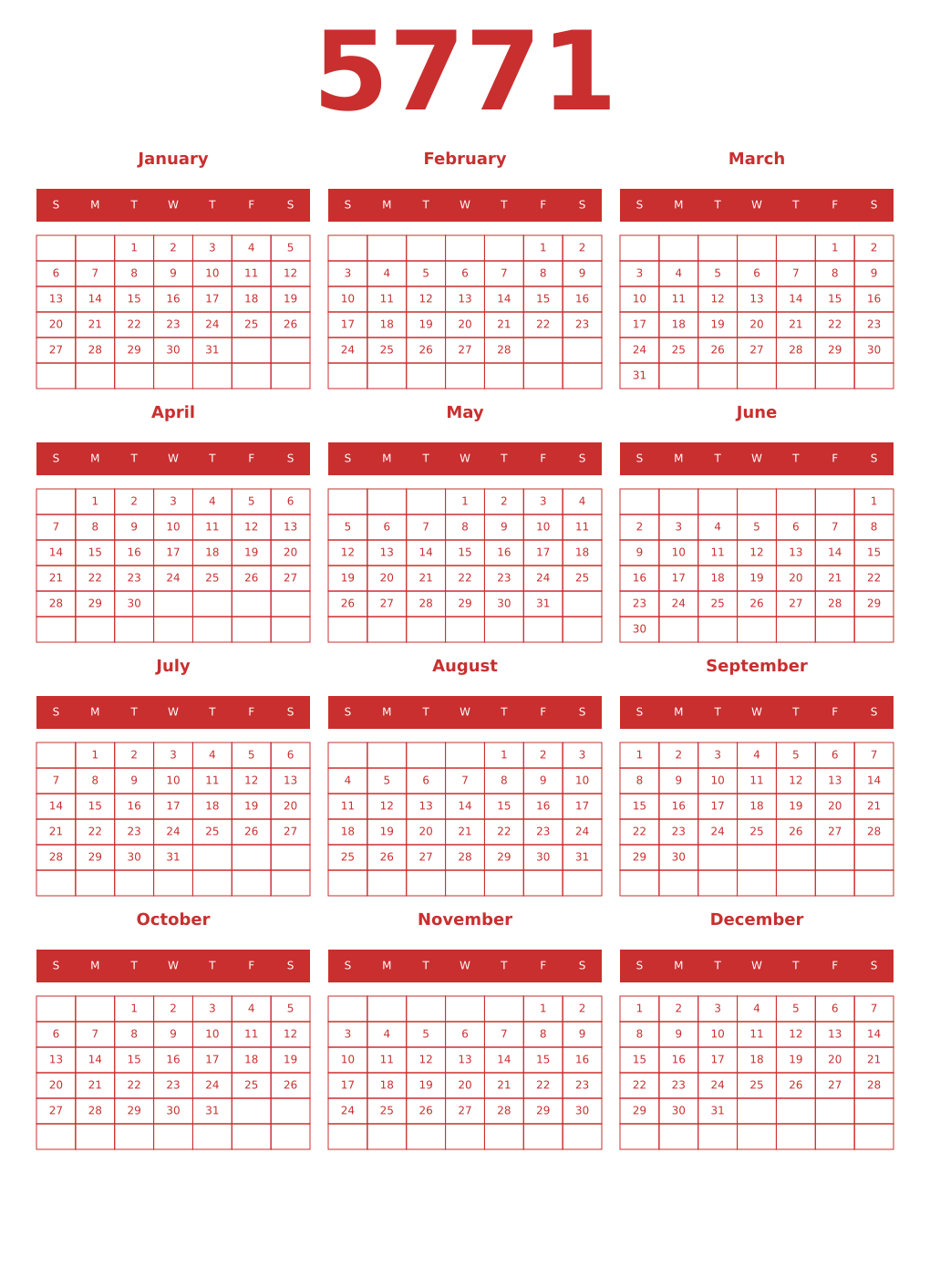 Printable 5771 Year Calendars red