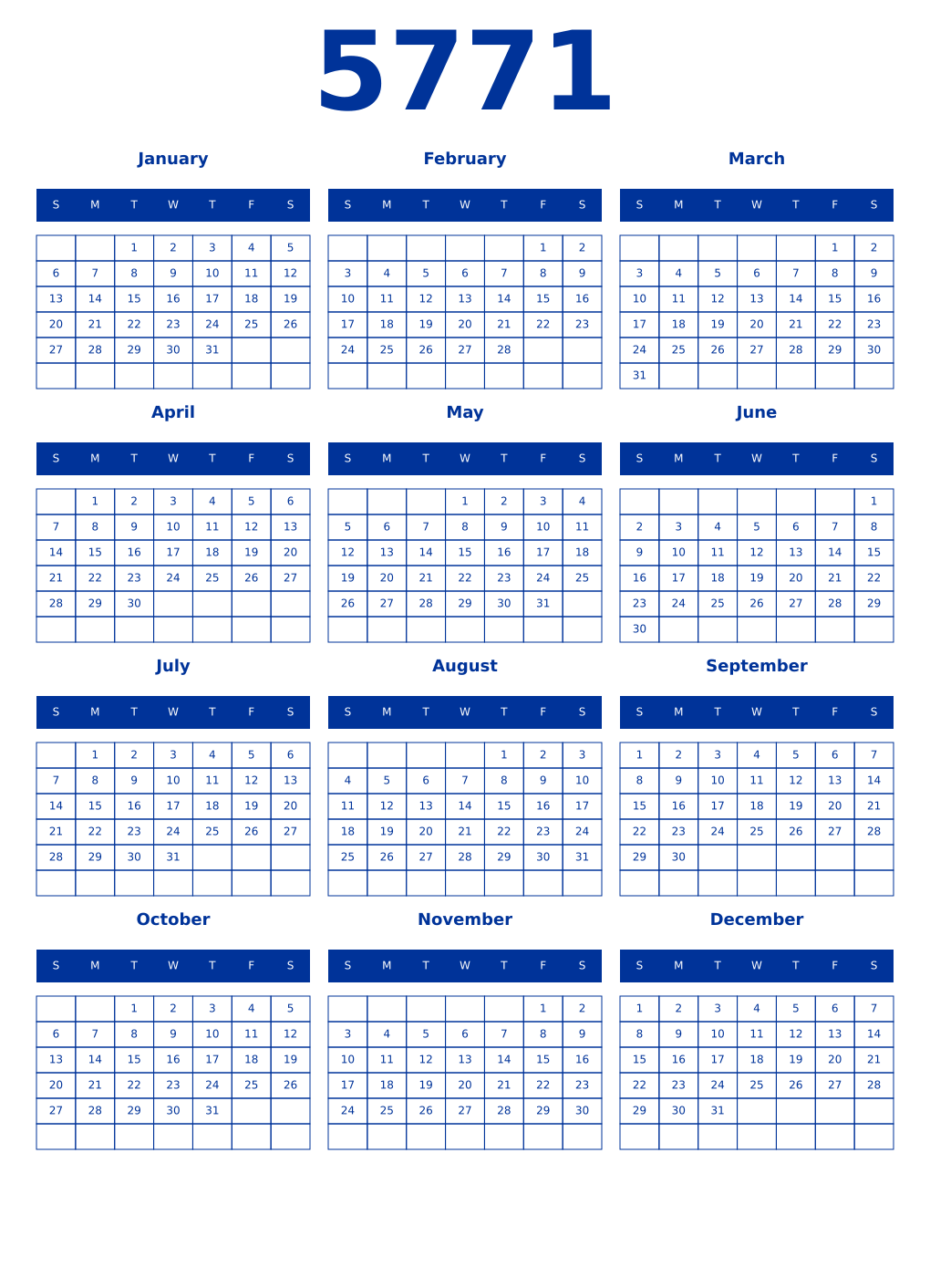 Printable 5771 Year Calendars smalt
