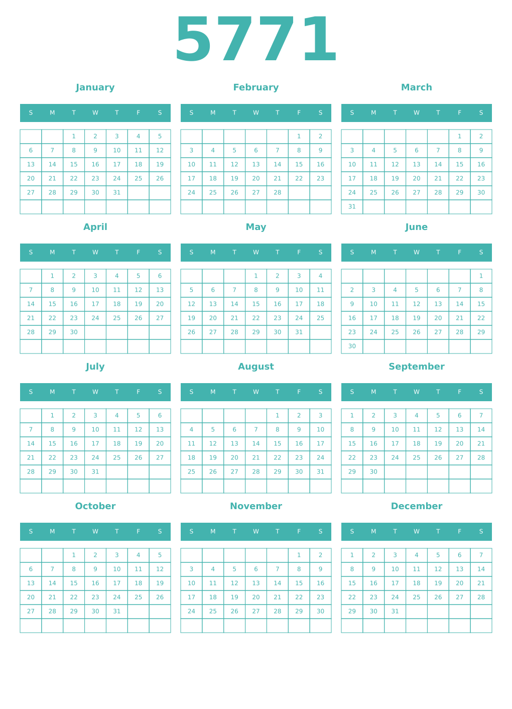 Printable 5771 Year Calendars verdigris